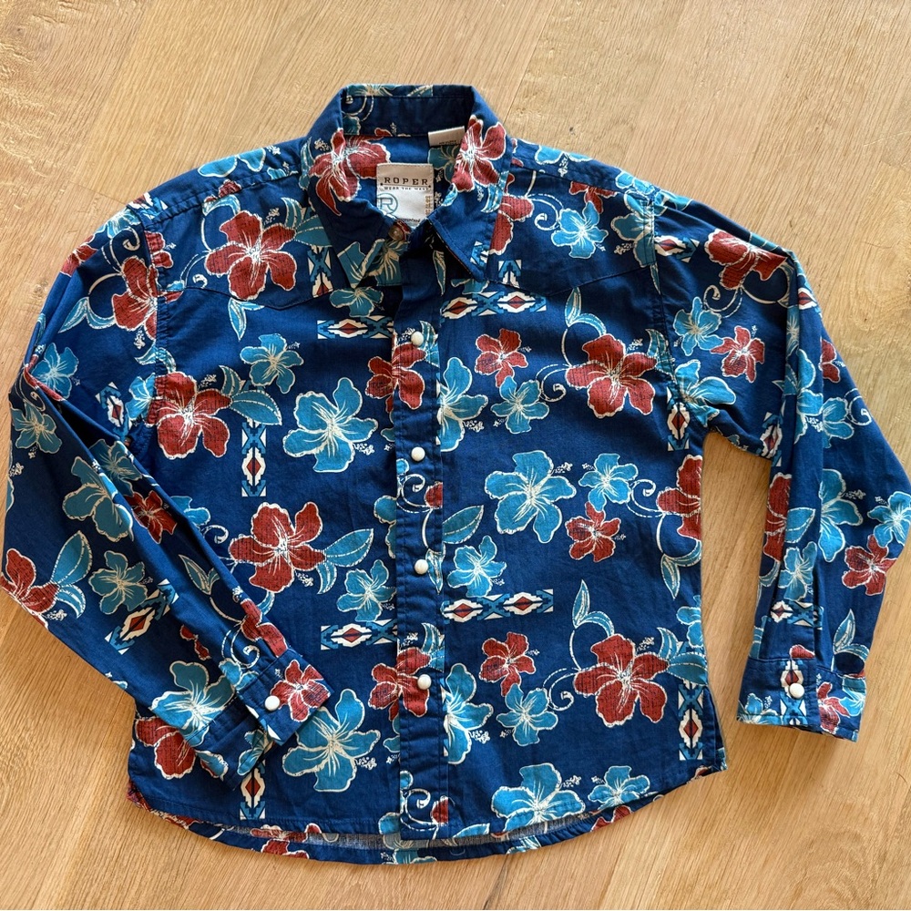 Roper Kids Blue Tropical Print Western Shirt - Size Small (6/7) Snap Long Sleeve